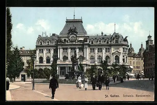 AK St. Gallen, Schweiz. Bankverein mit Brunnen