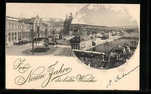 AK Zürich, Uferpartie, Strassenpartie mit Denkmal und Litfasssäule