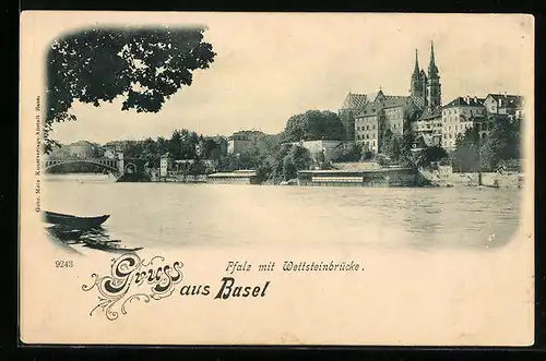 AK Basel, Pfalz mit Kirche und Wettsteinbrücke