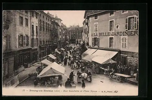 AK Bourg-en-Bresse, Rue Gambetta et Place Neuve