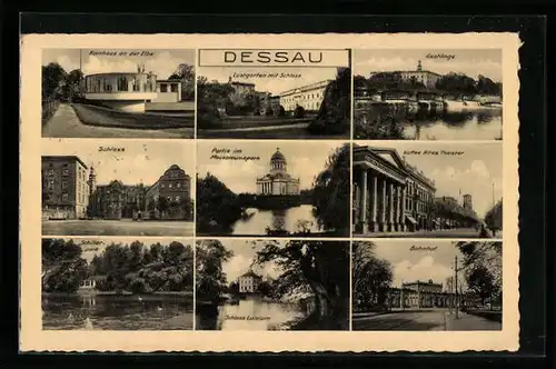 AK Dessau, Schloss, Café Altes Theater, Bahnhof