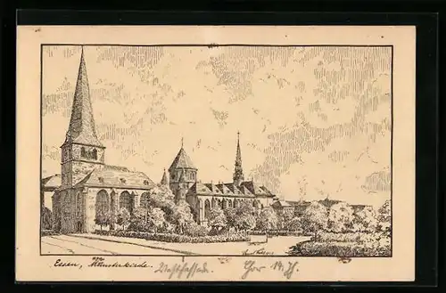 Künstler-AK Essen, Blick auf die Münsterkirche