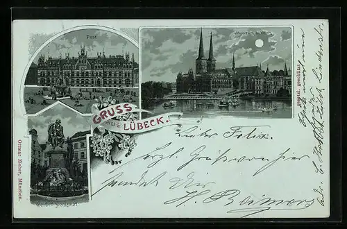 Mondschein-Lithographie Lübeck, Museum und Dom, Post, Geibel-Denkmal