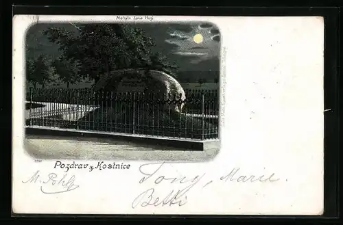 Lithographie Konstanz, Jan Hus-Stein bei Mondschein