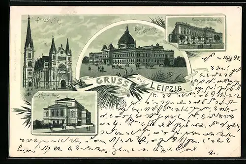 Lithographie Leipzig, Reichsgericht, Konzerthaus, Peterskirche