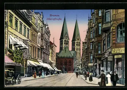 AK Bremen, Obernstrasse mit Zigarrengeschäft und Kirche