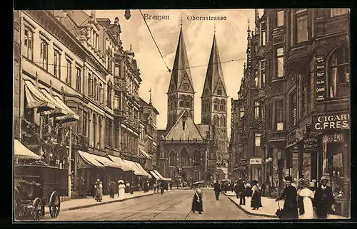 AK Bremen, Obernstrasse mit Zigarrengeschäft und Kirche