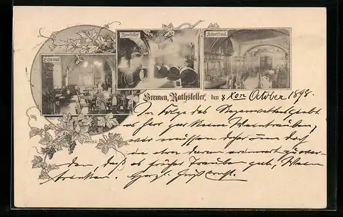 AK Bremen, Gasthaus Ratskeller, Innenansichten Echosaal, Rosekeller und Kaisersaal