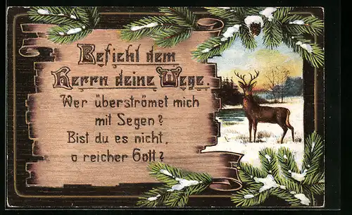 Holzbrand-Imitations-AK Befiehl dem Herrn deine Wege., Religiöser Spruch