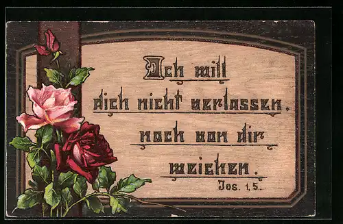 Holzbrand-Imitations-AK Ich will, dich nicht verlassen, noch von dir weichen., Religiöser Spruch Jos. 1,5.