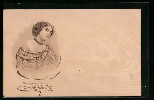 Holzbrand-Imitations-AK Portrait einer schönen junge Frau, Glitzer