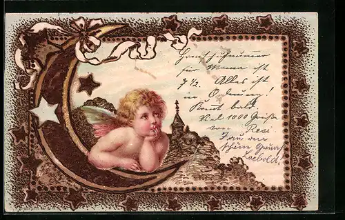 Holzbrand-Imitations-AK Niedlicher Engel lehnt auf einer Mondsichel
