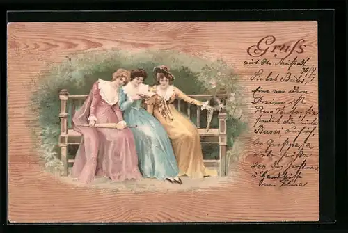 Holzbrand-Imitations-AK Drei Damen sitzen auf einer Parkbank
