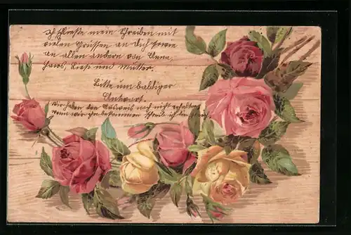 Holzbrand-Imitations-AK Hübsch blühende Rosen in gelb und rose