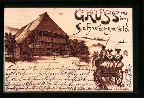 Holzbrand-Imitations-AK Schwarzwaldhaus und Anwohner in einer Pferdekutsche