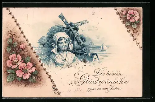Holzbrand-Imitations-AK Hübsche Holländerin vor einer Mühle stehend, Blumen und Neujahrsgruss