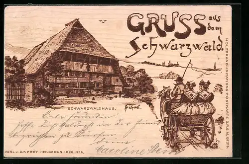 Holzbrand-Imitations-AK Schwarzwaldhaus mit Anwohnern in einer Pferdekutsche