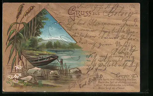 Holzbrand-Imitations-AK Idylle mir Ruderboot am Seeufer