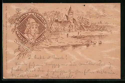 Holzbrand-Imitations-AK Ortsidylle am Seeufer, Knabenportrait