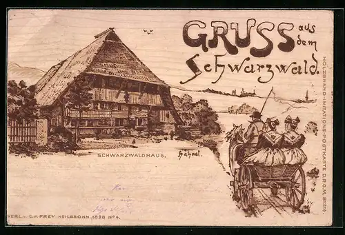 Holzbrand-Imitations-AK Schwarzwaldhaus mit Anwohnern in einer Pferdekutsche