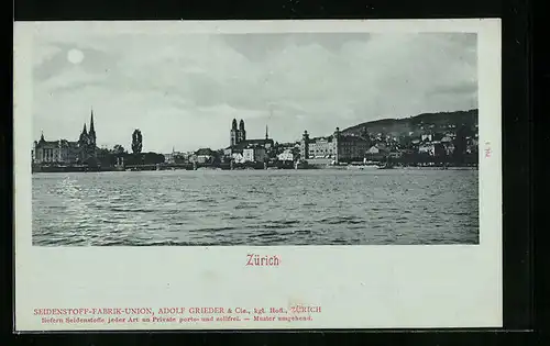 Mondschein-AK Zürich, Uferpartie mit Kirche