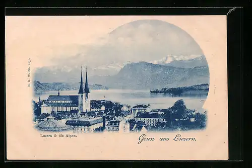 AK Luzern, Teilansicht mit Kirche & den Alpen