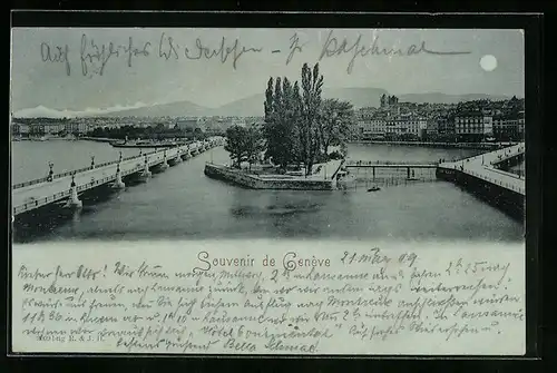 Mondschein-AK Genève, Uferpartie mit Brücke