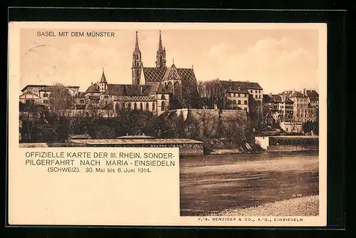 AK Basel, III. Rhein. Sonder-Pilgerfahrt nach Maria-Einsiedeln 1914, Uferpartie mit Münster
