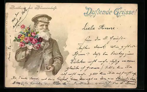 Duft-AK Page mit schönem Blumenstrauss, Blumenduft
