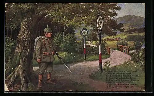 AK Soldat steht unter der Deutschen Eiche an der Grenze, Deutsche Grenzwacht 1914 /15
