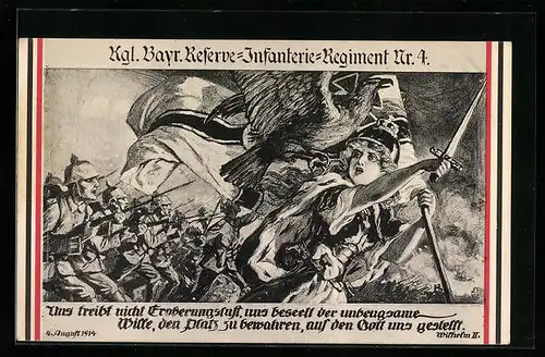 AK Uns treibt nicht Eroberungslust, uns beseelt der unbeugsame..., Kgl. Bayr. reserve-Inf.-Reg. Nr. 4, Germanen im Kampf