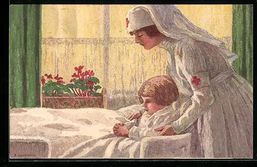 Künstler-AK Schweizer Bundesfeier 1921, Krankenschwester der Caritas mit krankem Kind, Ganzsache