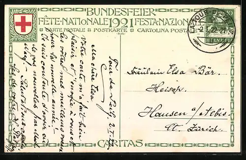 Künstler-AK Schweizer Bundesfeier 1921, Krankenschwester der Caritas mit krankem Kind, Ganzsache