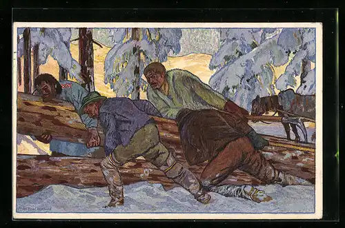 Künstler-AK Schweizer Bundesfeier 1920, Holzfäller bei der Arbeit im Wald, Ganzsache