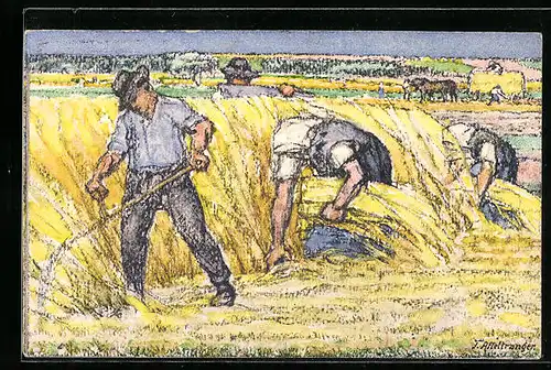 Künstler-AK Schweizer Bundesfeier 1920, Bauern bei der Feldarbeit, Ganzsache