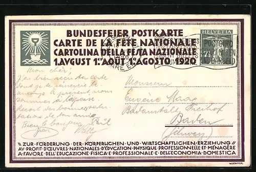 Künstler-AK Schweizer Bundesfeier 1920, Bauern bei der Feldarbeit, Ganzsache