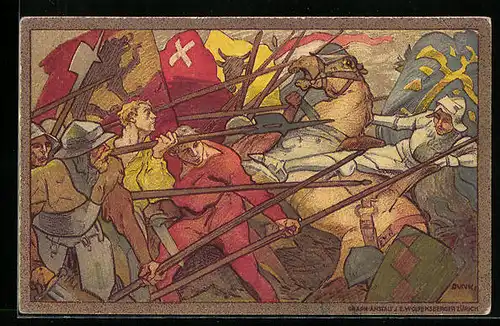 Künstler-AK Schweizer Bundesfeier 1911, Szene einer Schlacht, Ganzsache
