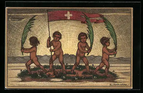 Künstler-AK Schweizer Bundesfeier 1916, vier nackte Buben mit Flagge und Palmenwedel, Ganzsache