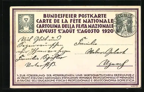 Künstler-AK Schweizer Bundesfeier 1920, Bäcker bereitet einen Teig vor, Ganzsache