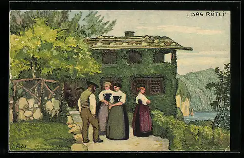 Künstler-AK Schweizer Bundesfeier 1913, Damen und Herr vor dem Rütli, Ganzsache