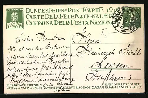 Künstler-AK Schweizer Bundesfeier 1916, vier nachkte Buben mit Flagge und Palmenwedel, Ganzsache