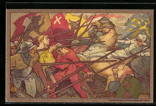 Künstler-AK Schweizer Bundesfeier 1911, Szene aus einer Schlacht, Ganzsache