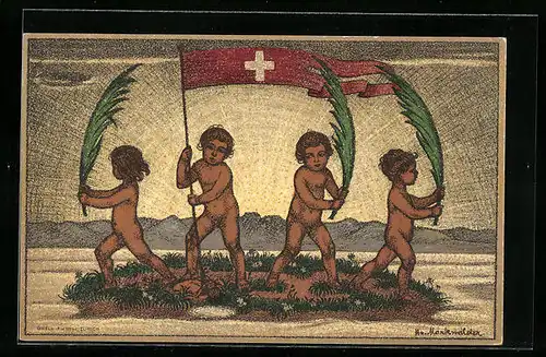 Künstler-AK Schweizer Bundesfeier 1916, nackte Buben mit Flagge und Palmenwedel, Ganzsache