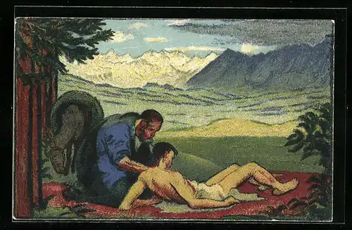 Künstler-AK Schweizer Bundesfeier 1917, Mann hilft einem Verwundeten am Waldrand, Ganzsache