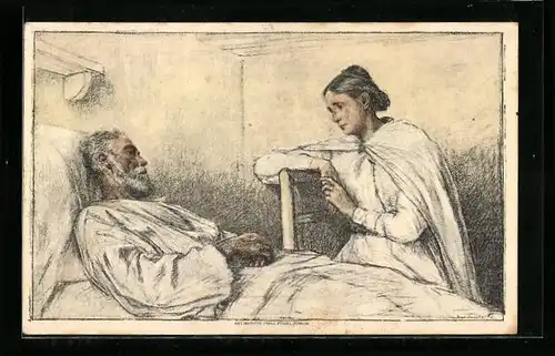 Künstler-AK Schweizer Bundesfeier 1927, Krankenschwester am Bett eines alten kranken Mannes, Ganzsache
