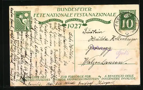 Künstler-AK Schweizer Bundesfeier 1927, Krankenschwester am Bett eines alten kranken Mannes, Ganzsache