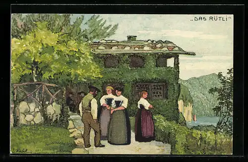 Künstler-AK Schweizer Bundesfeier 1913, Anwohner stehen vor dem Rütli, Ganzsache