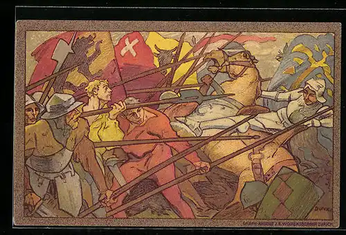 Künstler-AK Schweizer Bundesfeier 1911, Szene aus einer Schlacht, Ganzsache