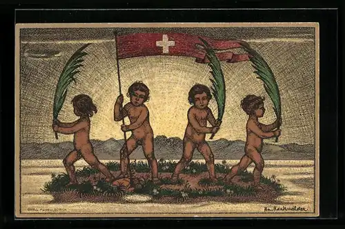 Künstler-AK Schweizer Bundesfeier 1916, vier nackte Buben mit Flagge und Palmenwedel, Ganzsache