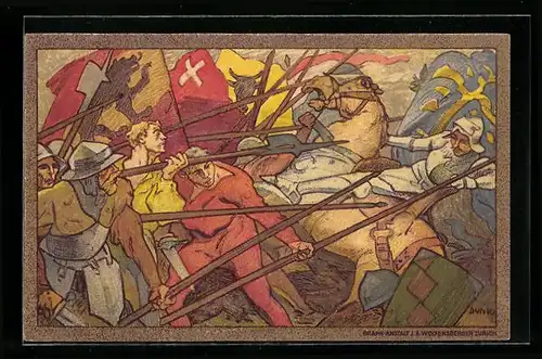 Künstler-AK Schweizer Bundesfeier 1911, Szene aus einer Schlacht, Ganzsache